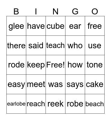 Tricky Words/Magic E/ 'ea' and 'ee' Bingo Card
