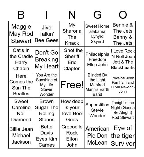 70's Bingo Card