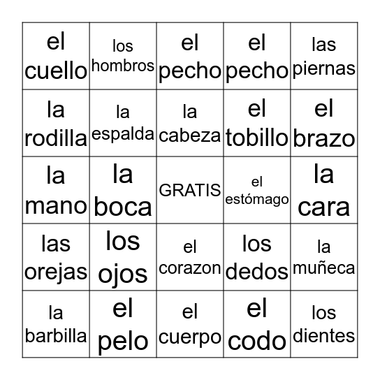 El Cuerpo Bingo Card