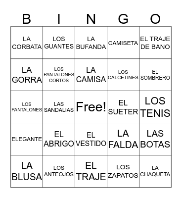 Realidades 2 Capitulo 2A AVSR Bingo Card