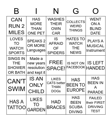 Getting To Know You Bingo Card