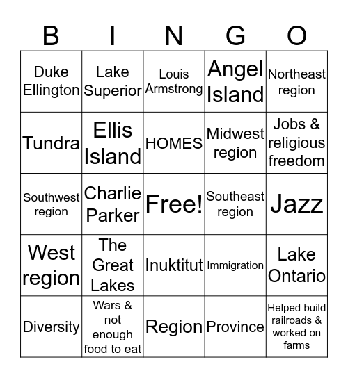 Unit 2 Review--US & Canada Bingo Card