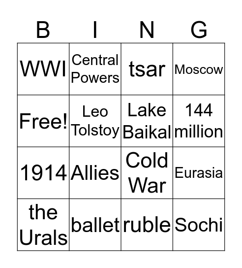 Russia BINGO  Bingo Card
