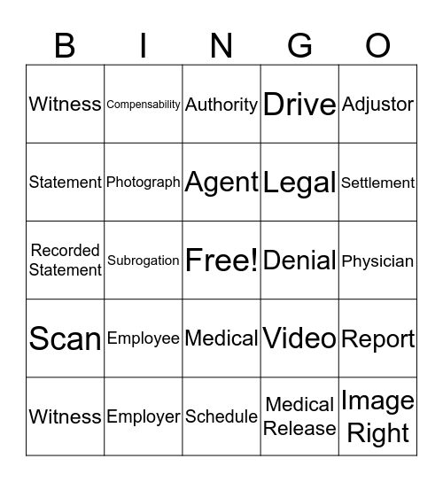 Field Adjuster Bingo Card