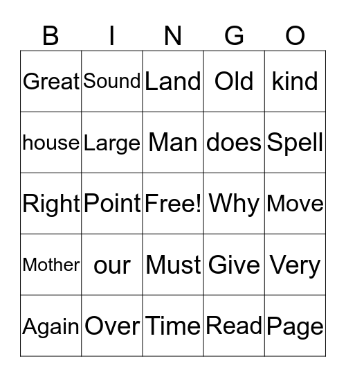 Word List Bingo Card