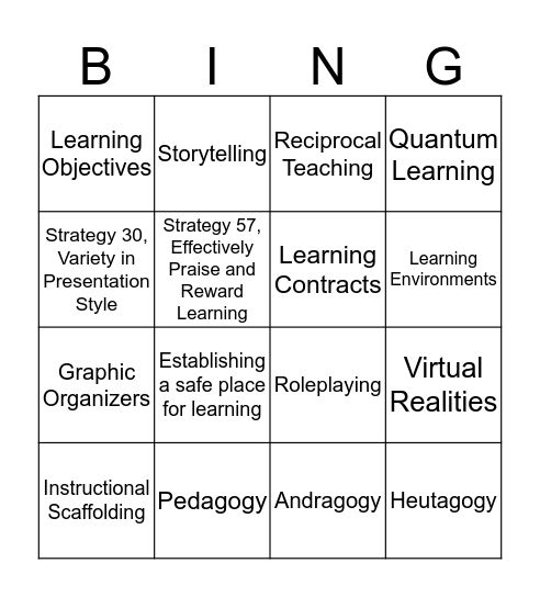Adult Education Bing - Card 1 Bingo Card