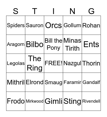 Middle-Earth Bingo Card