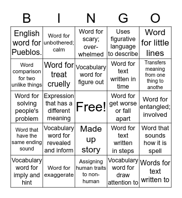 Vocabulary Bingo  Bingo Card