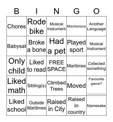 My Childhood  Bingo Card