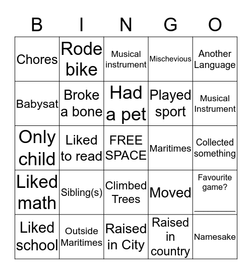 My Childhood  Bingo Card