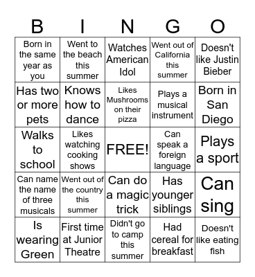 Junior Theatre Bingo Card