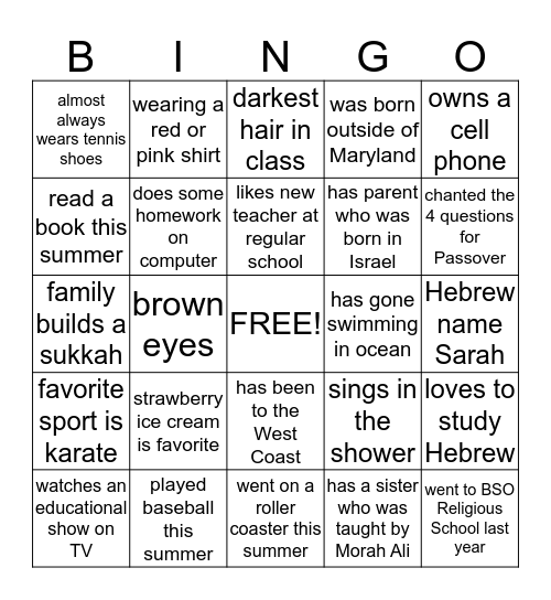 MEETING YOUR CLASSMATES BINGO Card