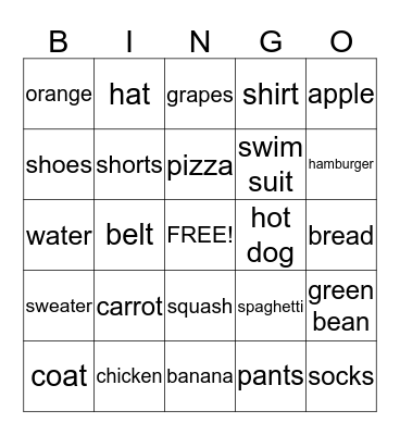 I Am Thankful for Food and Clothing Bingo Card