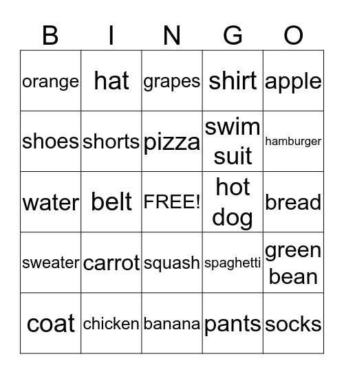 I Am Thankful for Food and Clothing Bingo Card
