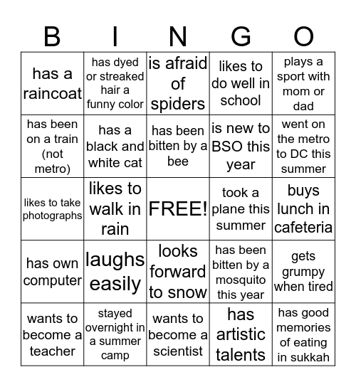 MEETING YOUR CLASSMATES BINGO Card