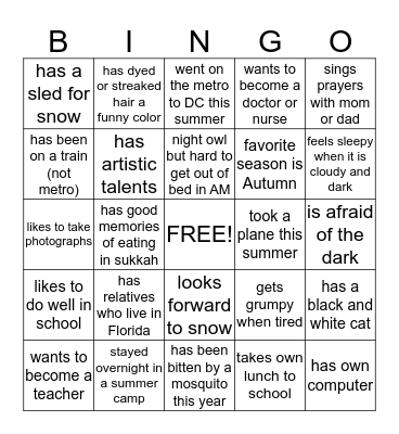 MEETING YOUR CLASSMATES BINGO Card
