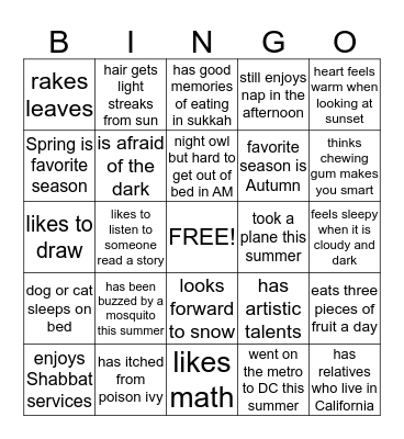 MEETING YOUR CLASSMATES BINGO Card