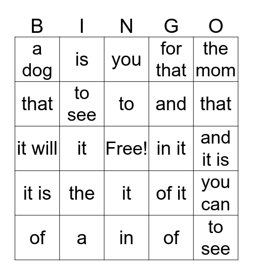 Fry sight words 1-10 Bingo Card