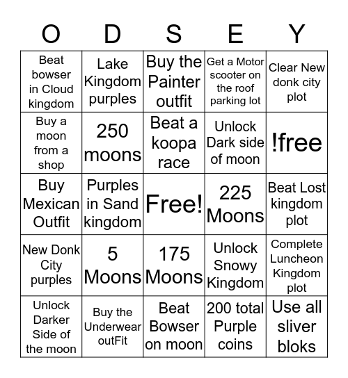 Super Mario Odyssey Speedrun Bingo Card