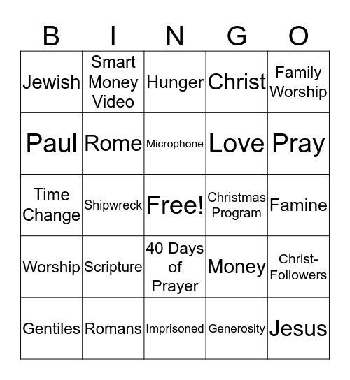 Family Worship Bingo!!! Bingo Card