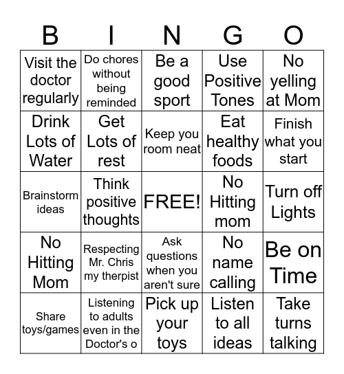 Colby's Respect Bingo Card