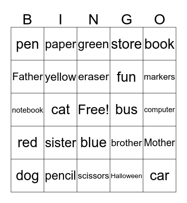 English Bingo Card