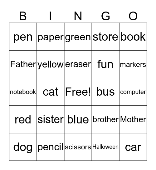 English Bingo Card