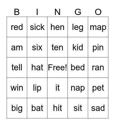 Short a, e, i Bingo Card