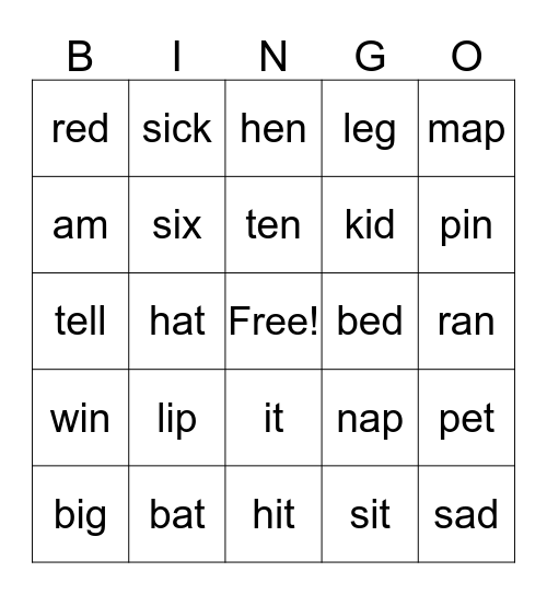 Short a, e, i Bingo Card