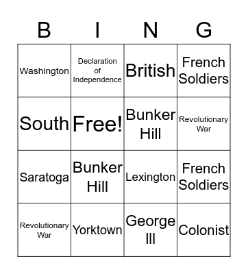 The Revolutionary War Bingo Card