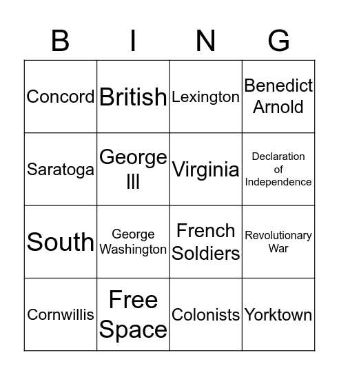The Revolutionary War Bingo Card