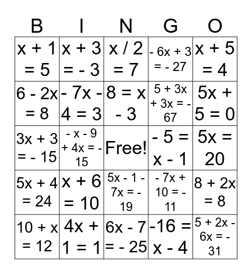 Álgebra Bingo Card