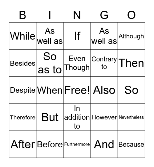 Connectives Bingo! Bingo Card