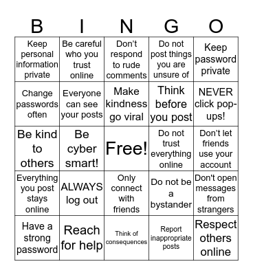 Be Wise on the Web!  Bingo Card