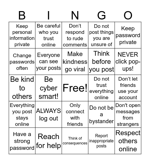 Be Wise on the Web!  Bingo Card