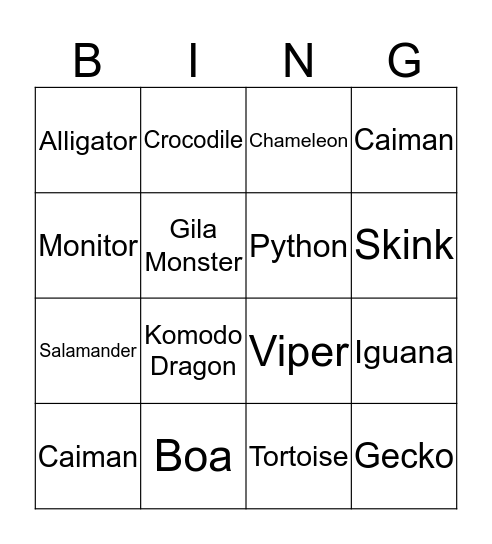 Reptile Examples Bingo Card