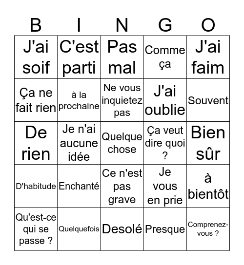 French- Useful phrases & expressions - 1 Bingo Card