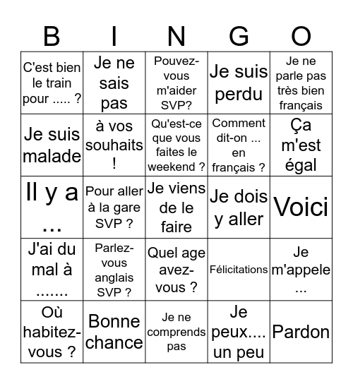 French- Useful phrases & expressions-2 Bingo Card