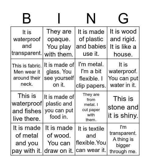 Materials and Material Properties Bingo Game Bingo Card
