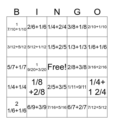 Fraction Bingo Card