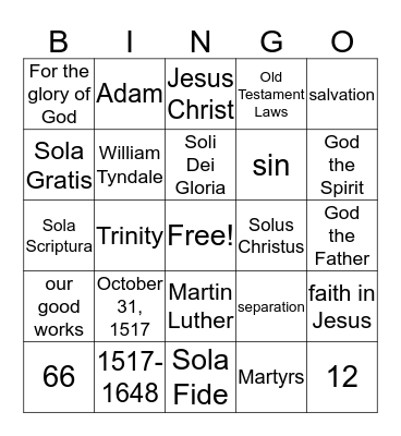 Reformation Bingo Card