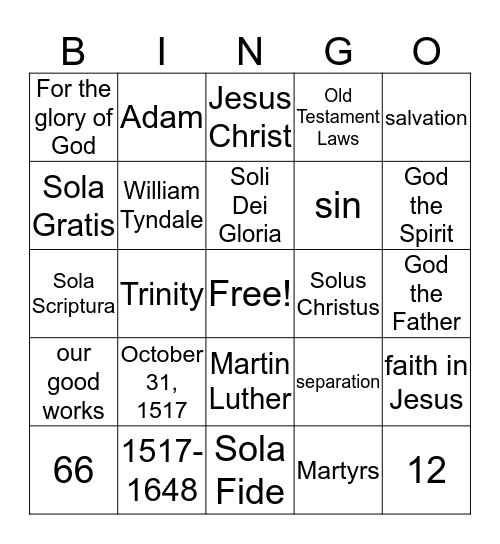Reformation Bingo Card