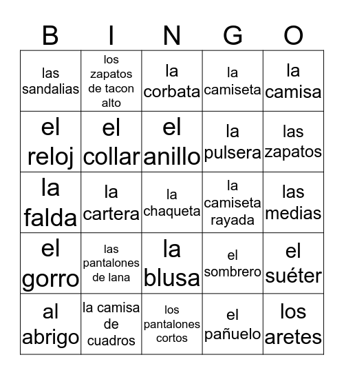 La Ropa/Las Joyas Bingo Card