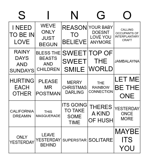 136 THE BEST OF THE CARPENTERS Bingo Card