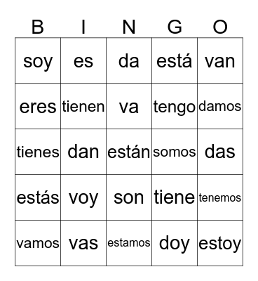 Irregular Verbs Bingo Card