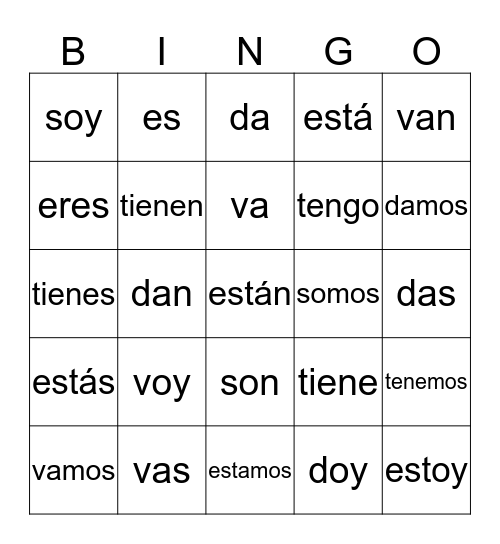 Irregular Verbs Bingo Card