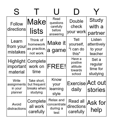 Study Skills Bingo Card