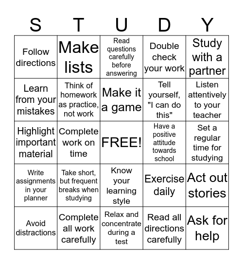 Study Skills Bingo Card