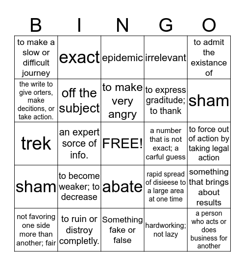 Vocabulary Lesson 1 Bingo Card