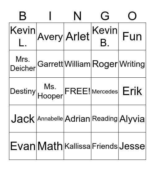 Classroom Bingo Card